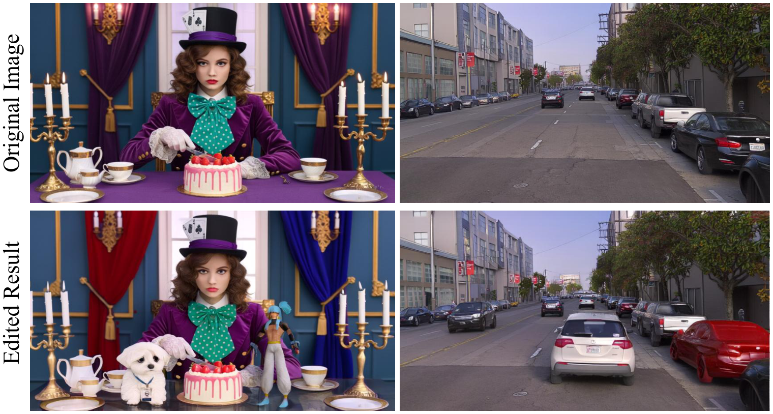 Scene editing results showing original images and edited outputs under relit conditions