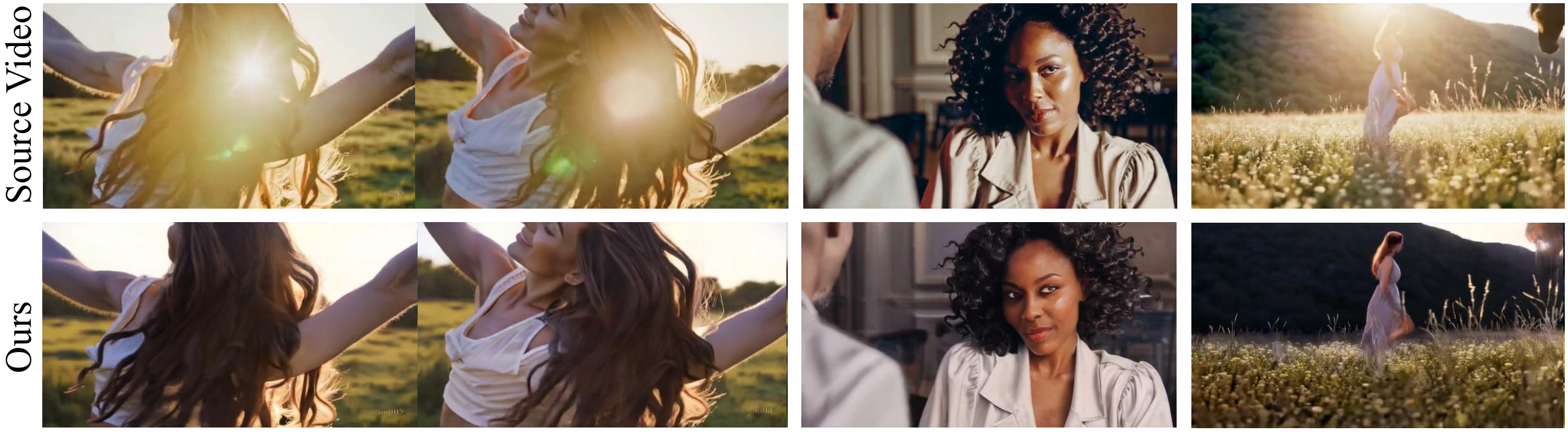 Video delighting results comparing source video frames and delighting outputs